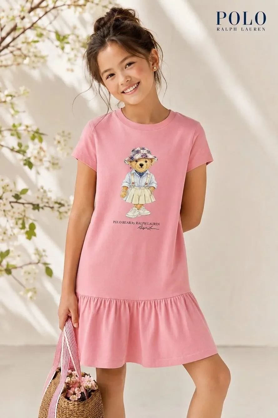 Polo Ralph Lauren Girls M 8-10 Pink Polo Bear Ruffle Hem T-Shirt Dress Cotton